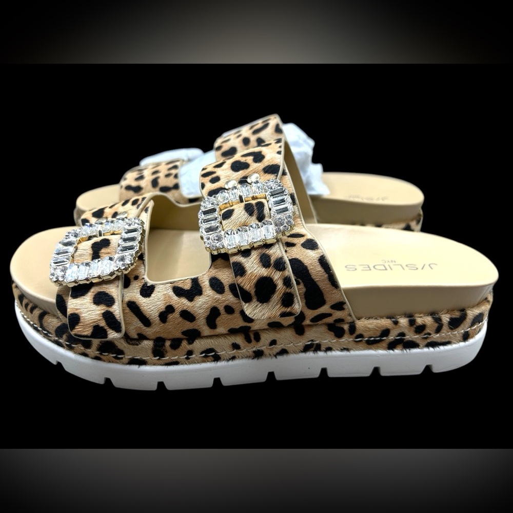 J/Slides Rice Slip-On Leopard Pony Leather Embellish Buckle Platform Sandals-NIB